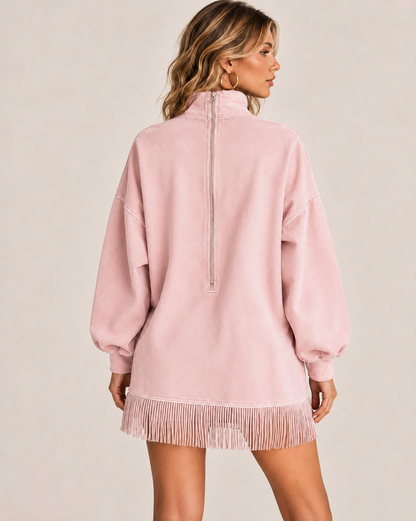 Casual Washed Turtleneck Long Sleeve Tassel Dress