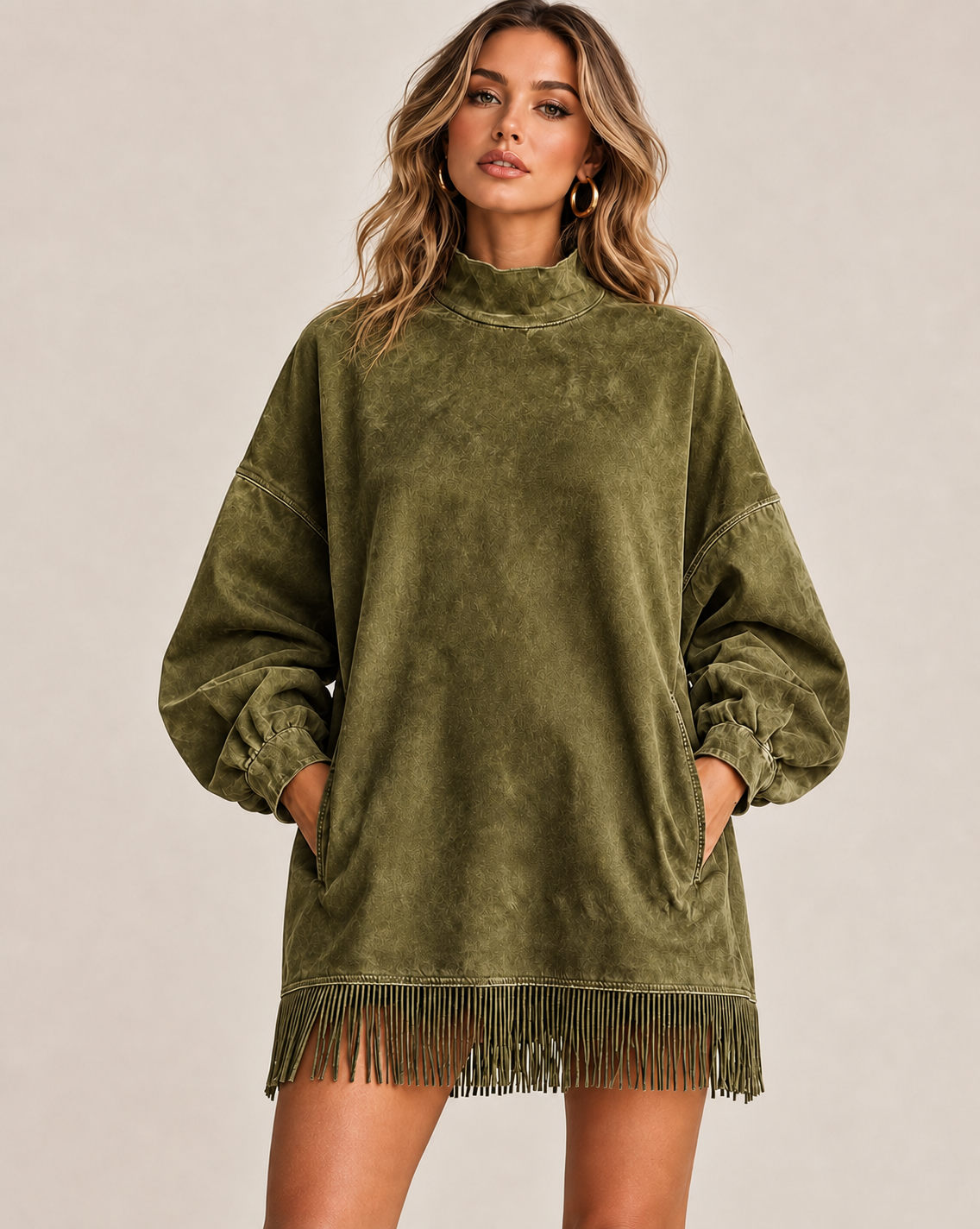 Casual Washed Turtleneck Long Sleeve Tassel Dress