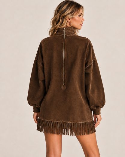 Casual Washed Turtleneck Long Sleeve Tassel Dress