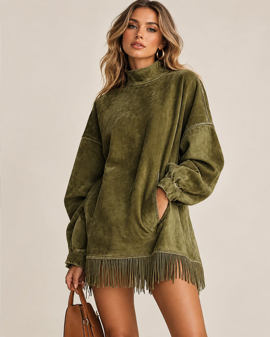Casual Washed Turtleneck Long Sleeve Tassel Dress