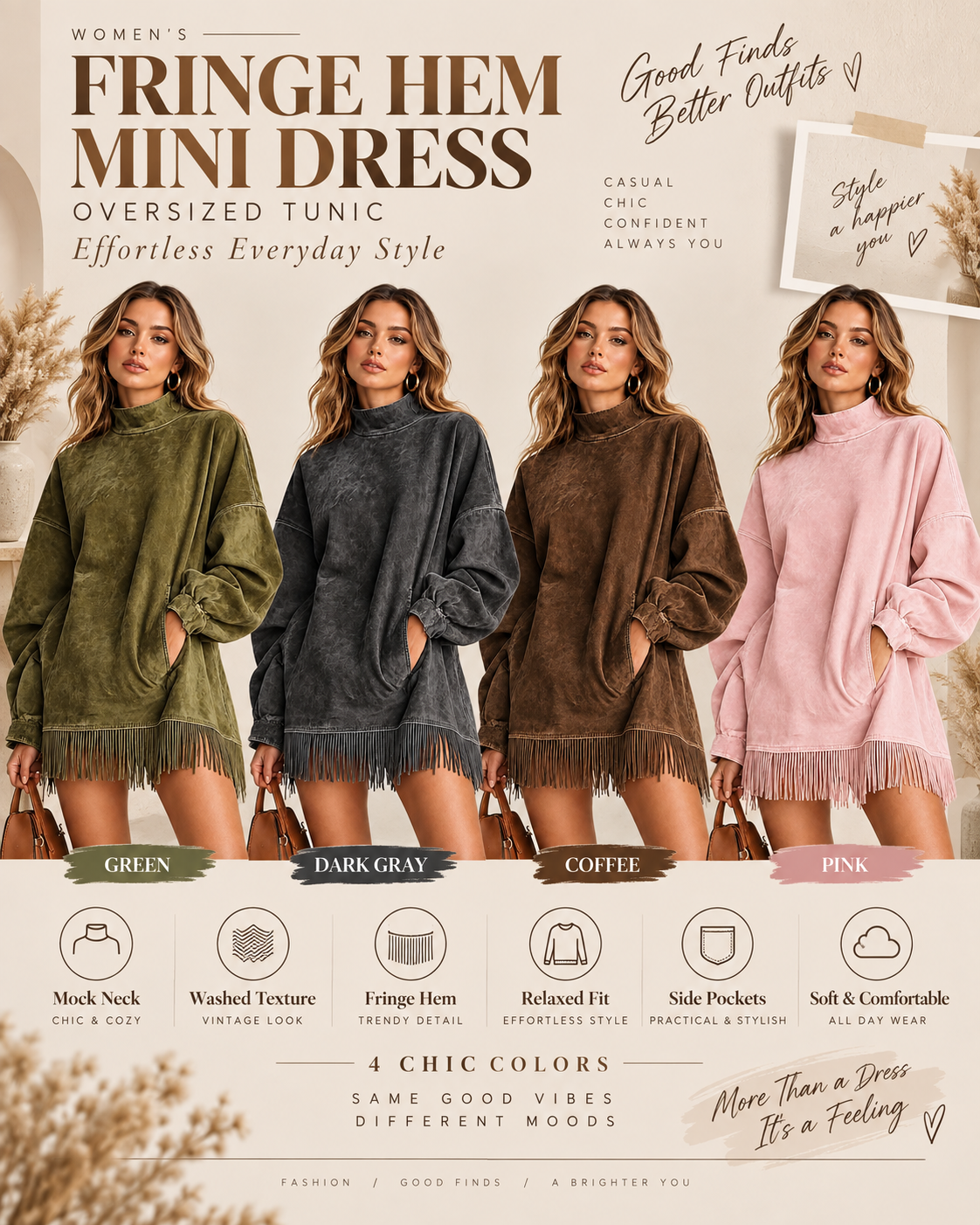 Casual Washed Turtleneck Long Sleeve Tassel Dress