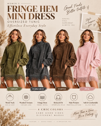 Casual Washed Turtleneck Long Sleeve Tassel Dress