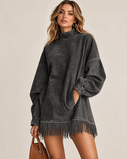 Casual Washed Turtleneck Long Sleeve Tassel Dress