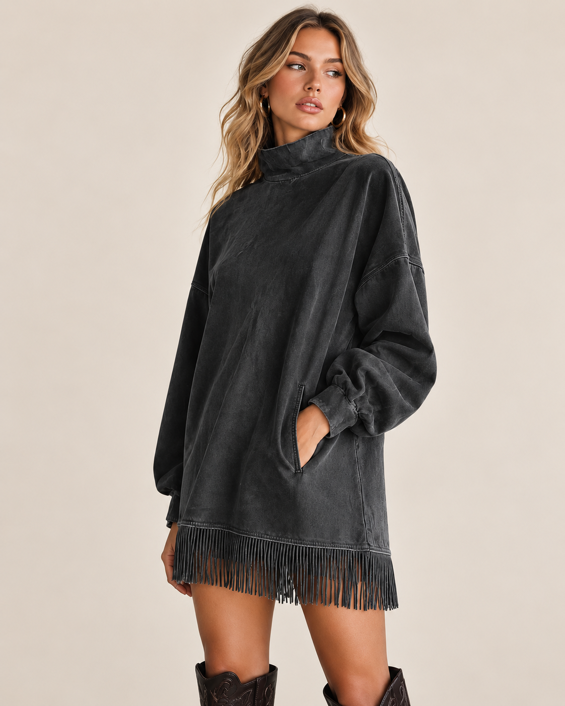 Casual Washed Turtleneck Long Sleeve Tassel Dress