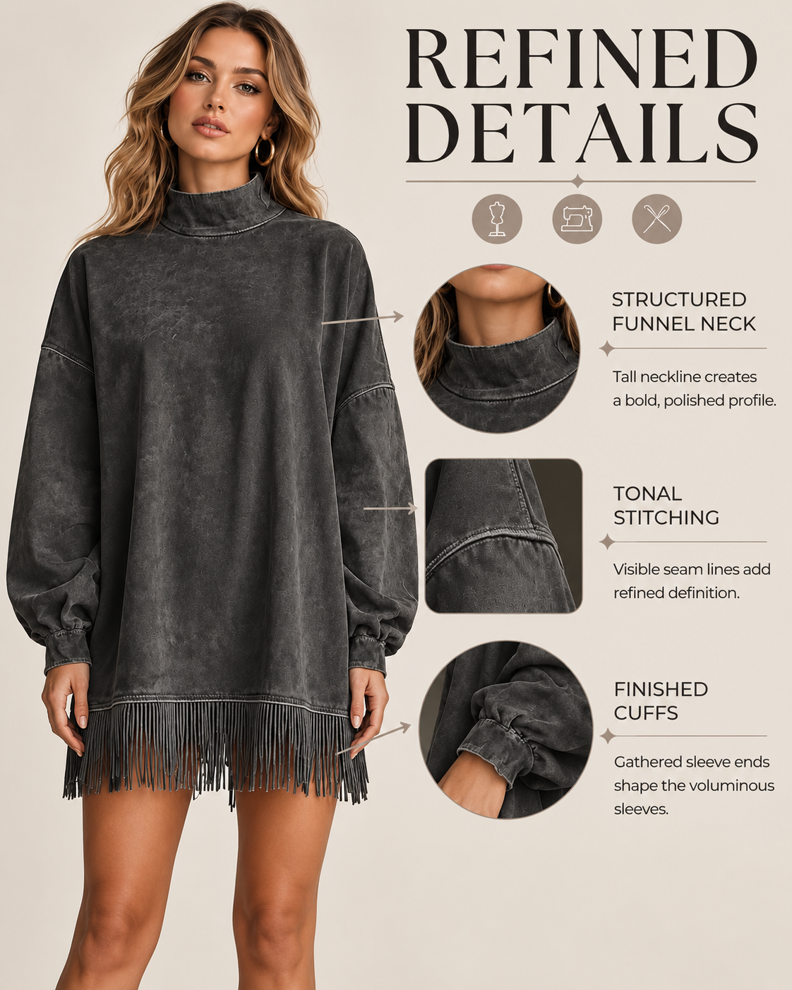 Casual Washed Turtleneck Long Sleeve Tassel Dress