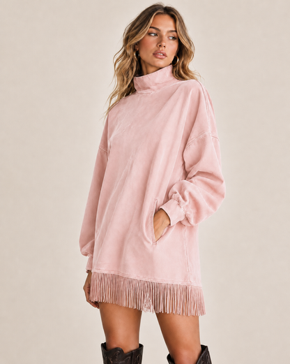 Casual Washed Turtleneck Long Sleeve Tassel Dress