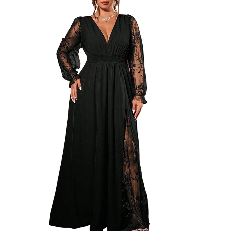 🌸 Elegant Detail | Women's V-Neck Lace Patchwork A-Line Maxi Dress