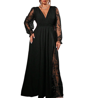 🌸 Elegant Detail | Women's V-Neck Lace Patchwork A-Line Maxi Dress