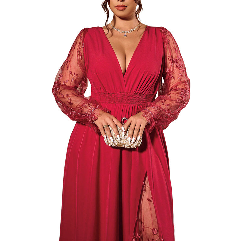 🌸 Elegant Detail | Women's V-Neck Lace Patchwork A-Line Maxi Dress