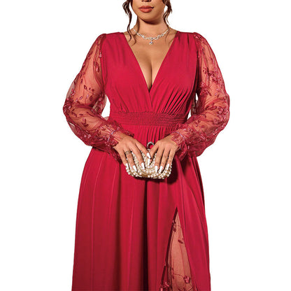 🌸 Elegant Detail | Women's V-Neck Lace Patchwork A-Line Maxi Dress